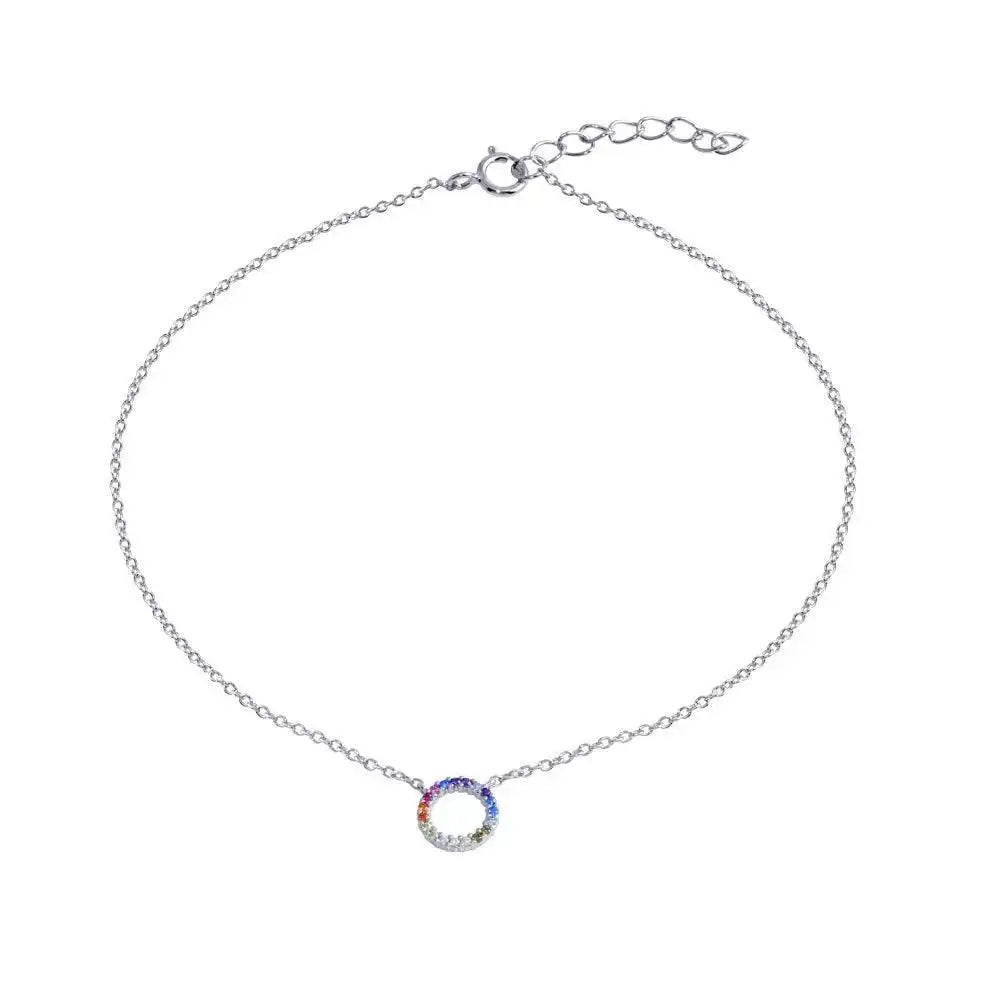925 Sterling Silver Rhodium Plated Round Charm Multicolor CZ Anklet