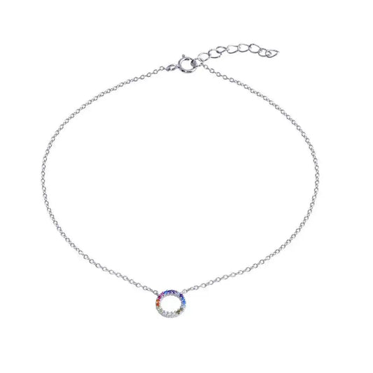 925 Sterling Silver Rhodium Plated Round Charm Multicolor CZ Anklet