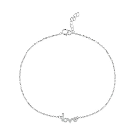 925 Sterling Silver Rhodium Plated LOVE CZ Anklet