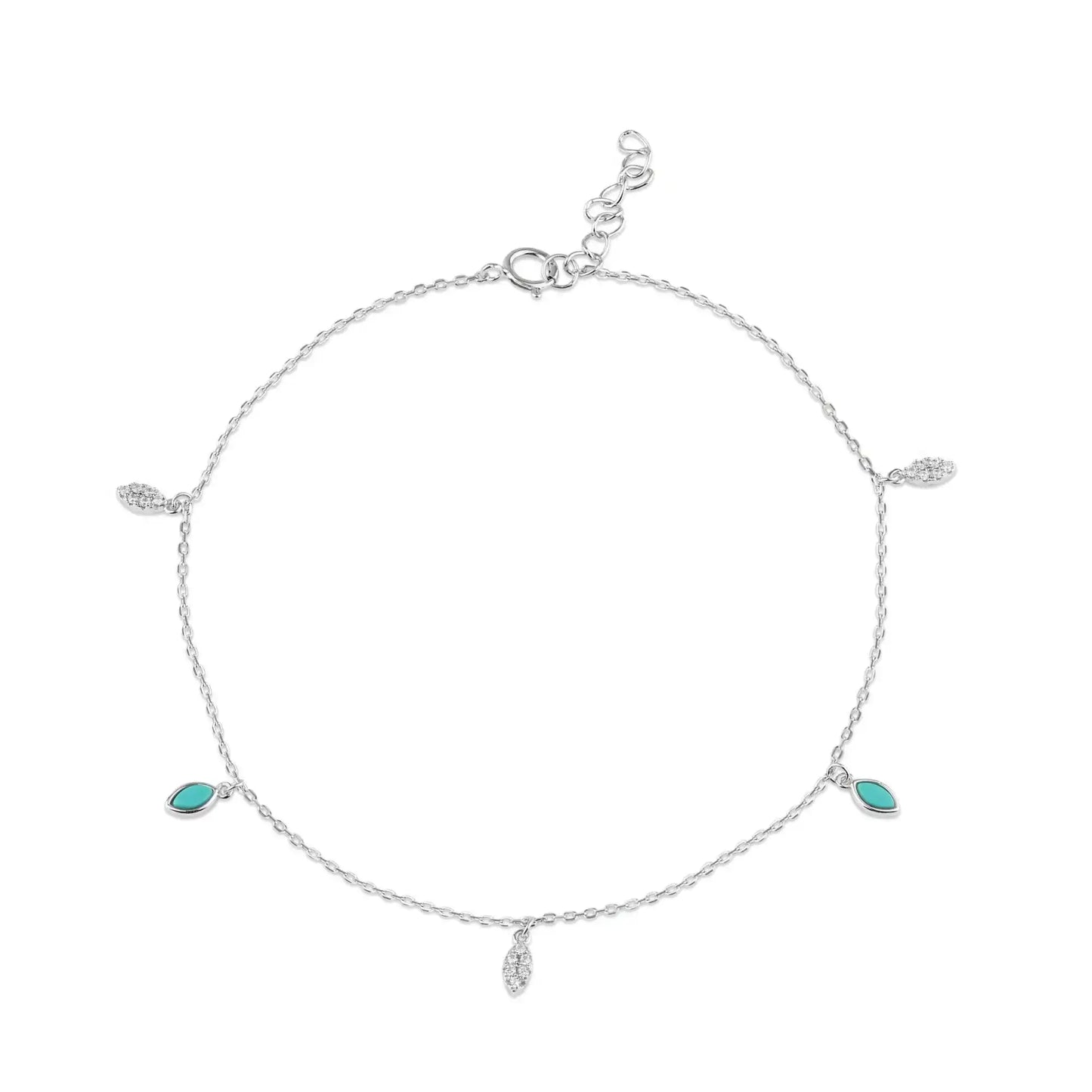 925 Sterling Silver Rhodium Plated Teardrop Charm Turquioise and Clear CZ Anklet