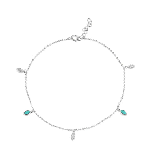 925 Sterling Silver Rhodium Plated Teardrop Charm Turquioise and Clear CZ Anklet