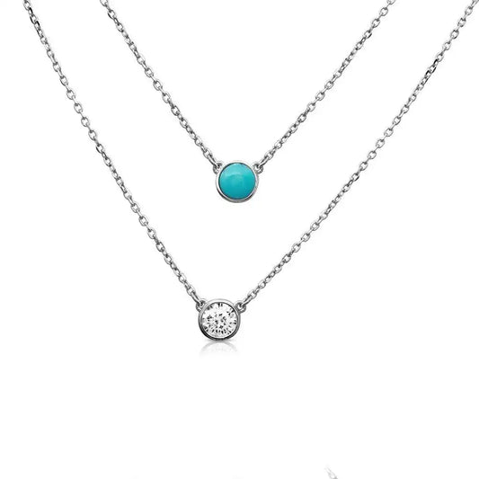 925 Sterling Silver Rhodium Plated 2 Stranded Necklace with Turquoise and CZ