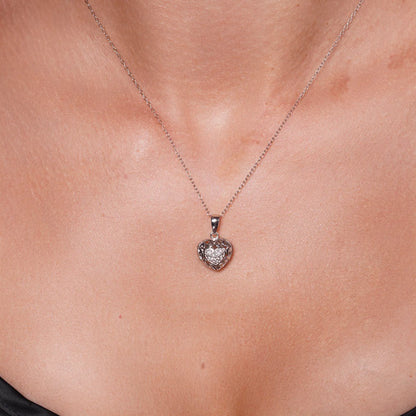 925 Silver Clear CZ Rhodium Plated Heart Locket Pendant Necklace