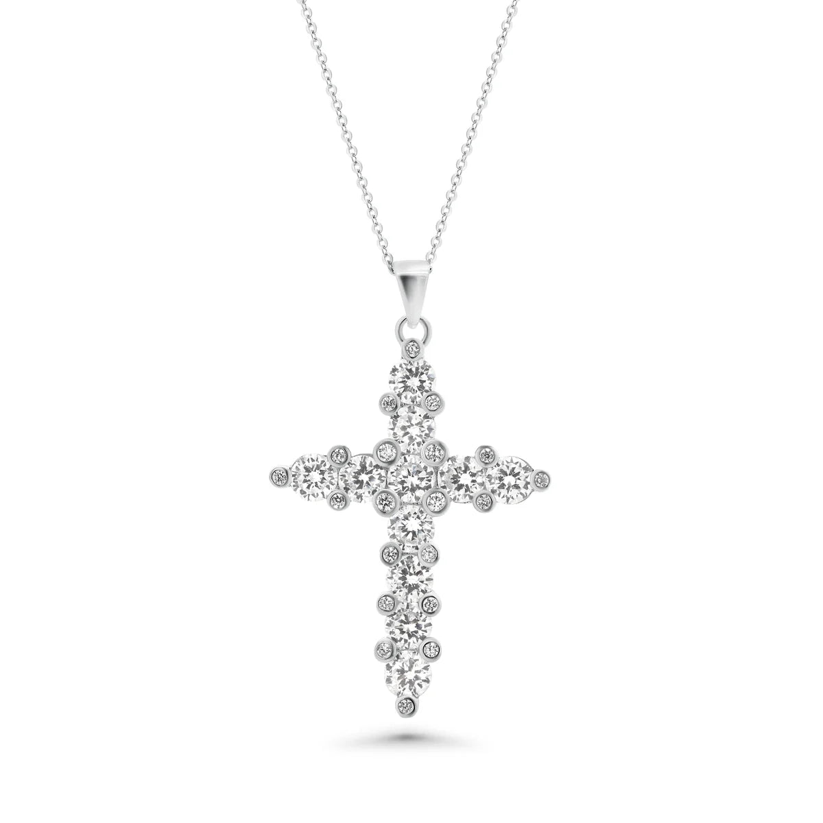 925 Silver Rhodium Plated Clear CZ Cross Pendant Necklace