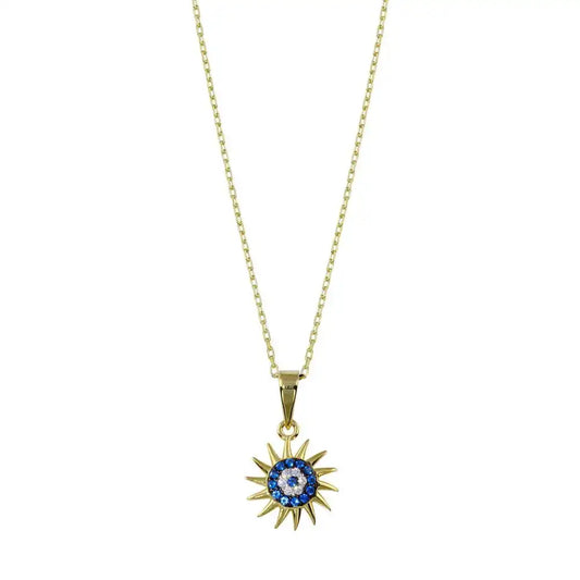 925 Sterling SilverGold Plated  Clear Blue CZ Sun Evil Eye Necklace