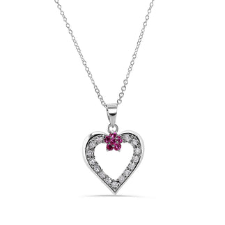 925 Sterling Silver Clearance-Rhodium Open Heart With Flower Cubic Zirconia Necklace