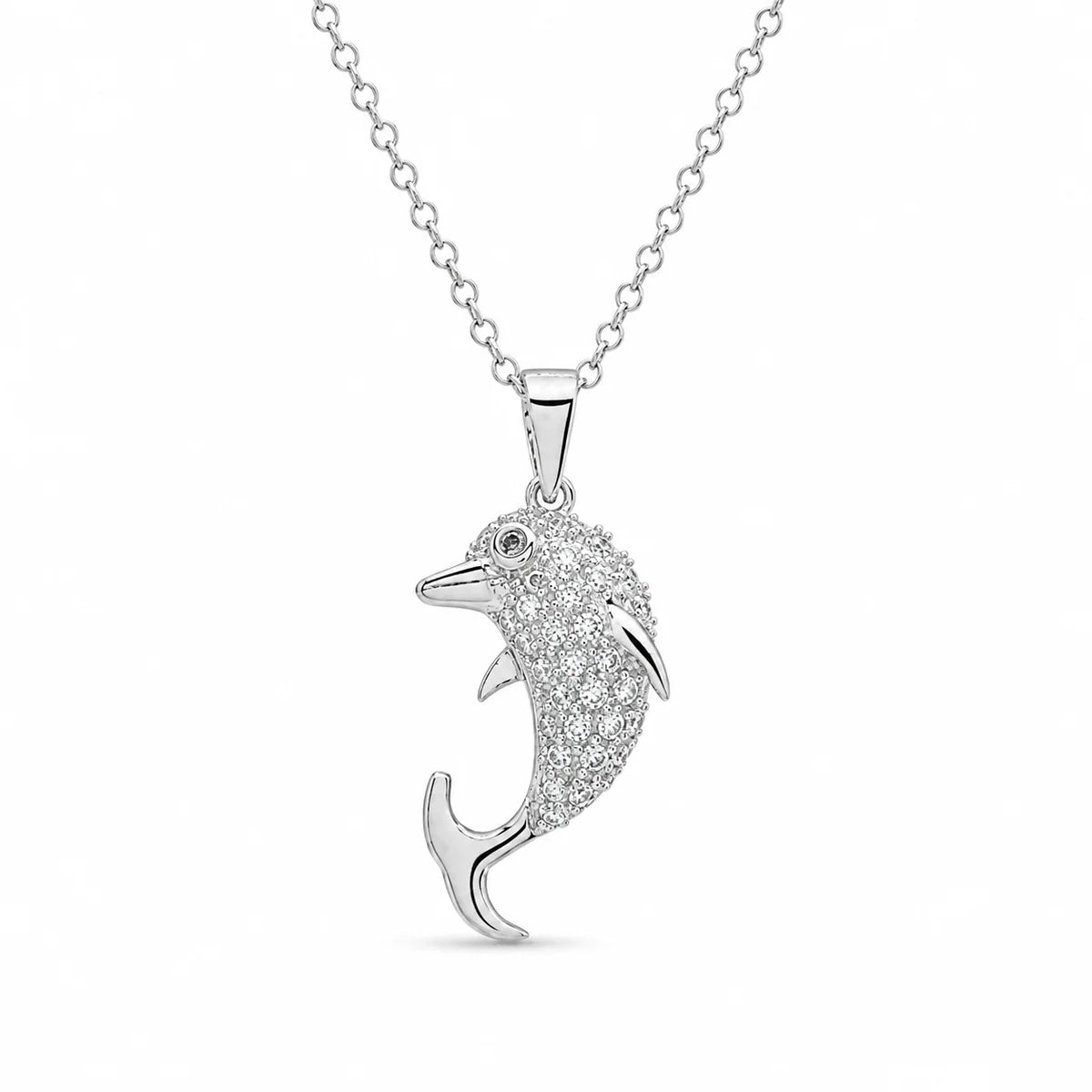 925 Sterling Silver Rhodium Plated Clear CZ Dolphin Pendant Necklace