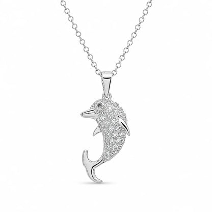 925 Sterling Silver Rhodium Plated Clear CZ Dolphin Pendant Necklace