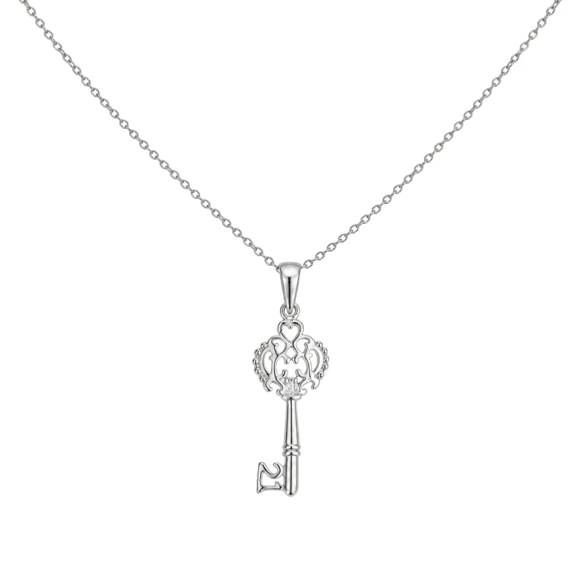 925 Sterling Silver Rhodium Plated Open Key CZ Necklace
