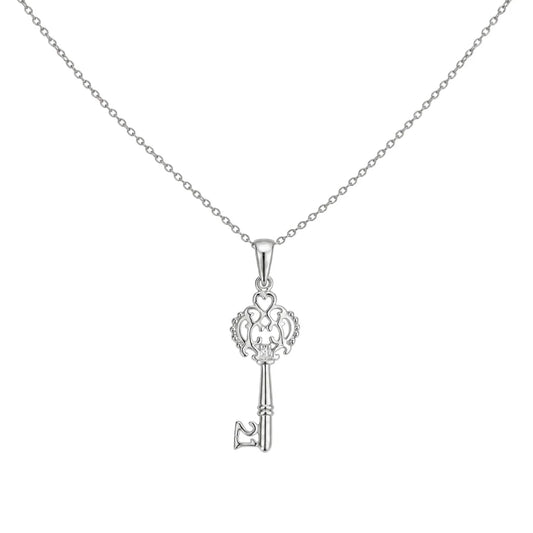925 Sterling Silver Rhodium Plated Open Key CZ Necklace