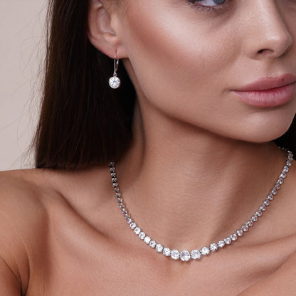 925 Silver Rhodium Plated Round Clear CZ Dangling Hook Earrings