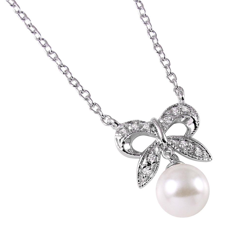 925 Silver Rhodium Plated CZ Encrusted Bow with Hanging Synthetic Pearl
