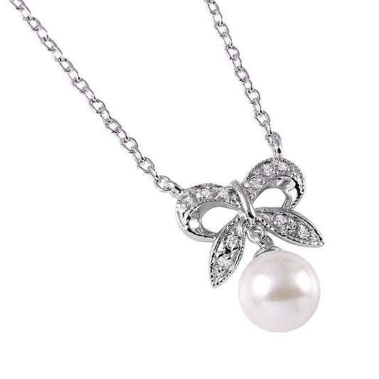 925 Silver Rhodium Plated CZ Encrusted Bow with Hanging Synthetic Pearl