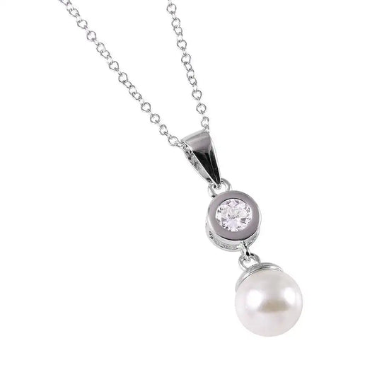 925 Sterling Silver CZ and Synthetic Pearl Drop Necklace