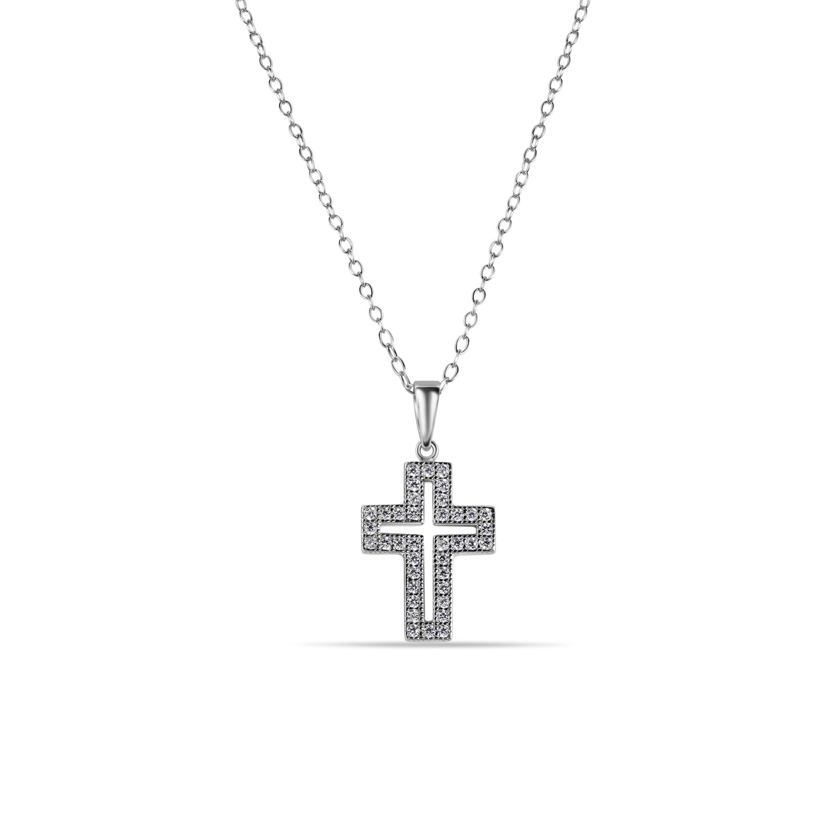 925 Silver Rhodium Plated Open Cross CZ Necklace