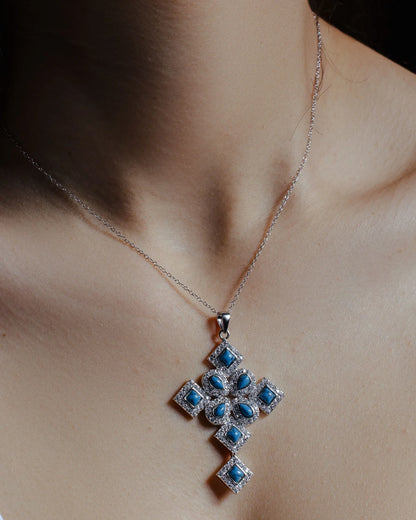 925 Silver Rhodium Plated Blue Multiple Shape Cross CZ Necklace