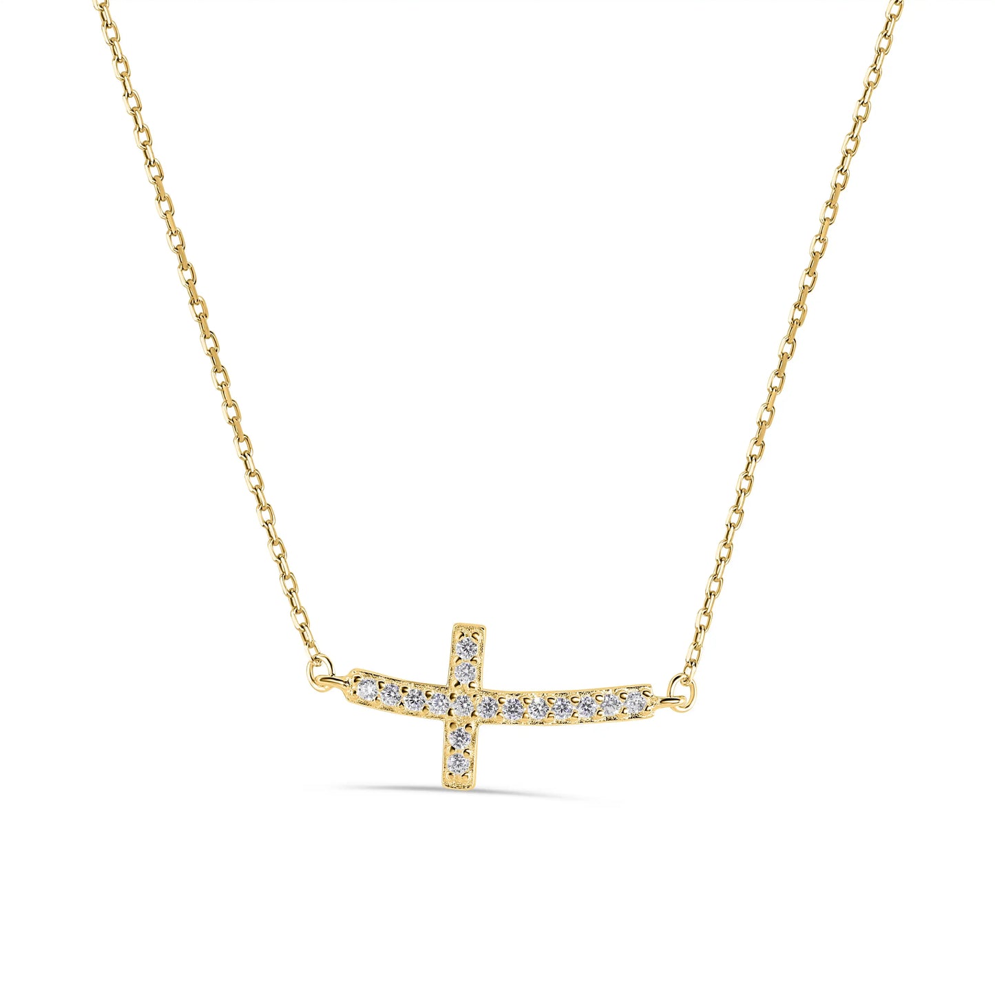 925 Sterling Silver Gold Plated Curvy Sideways Cross CZ Necklace