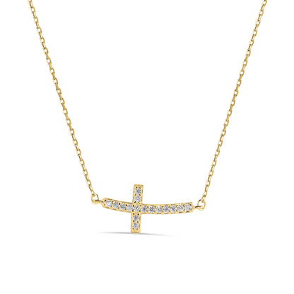 925 Sterling Silver Gold Plated Curvy Sideways Cross CZ Necklace