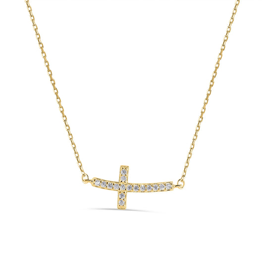 925 Sterling Silver Gold Plated Curvy Sideways Cross CZ Necklace
