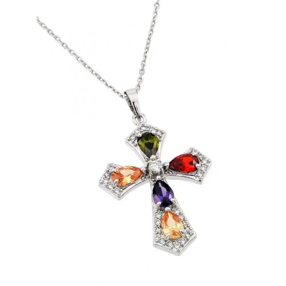 925 Sterling Silver Rhodium Plated Multiple Color Teardrop Cross CZ Necklace