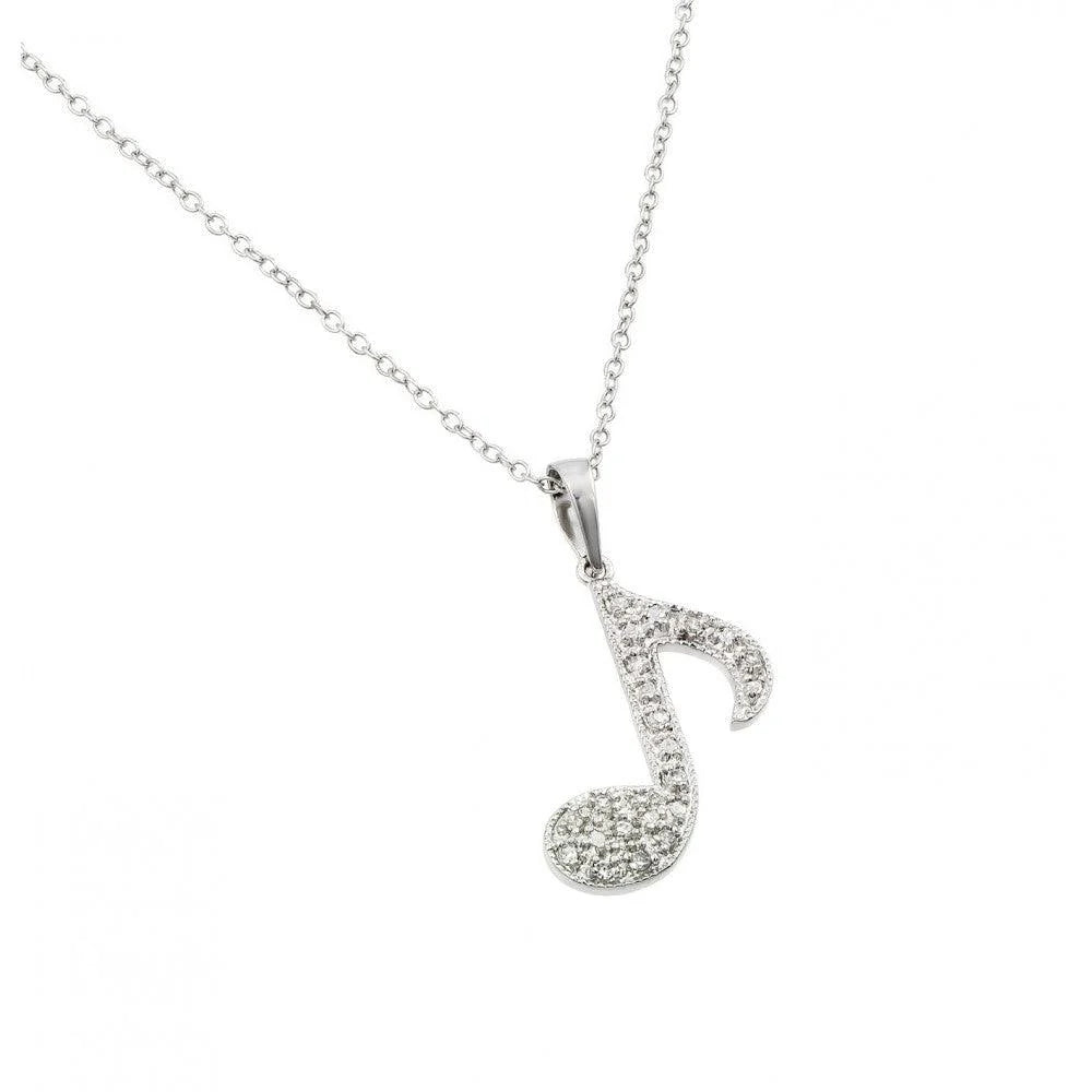925 Silver Rhodium Plated Music Note CZ Necklace