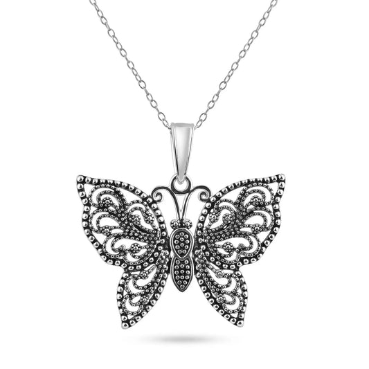 925 Sterling Silver Oxidized Beaded Butterfly Pendant Necklace