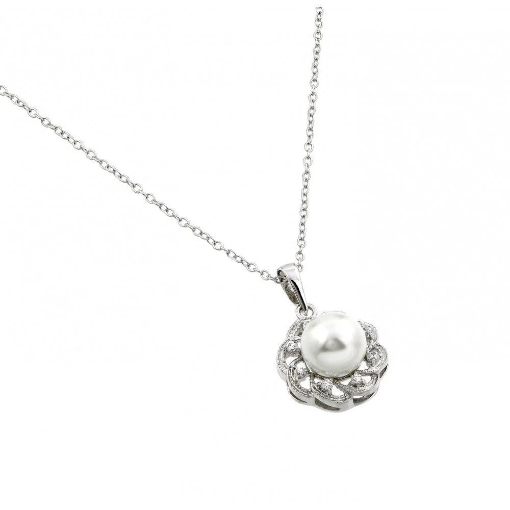 925 Silver Rhodium Plated Flower CZ Center Pearl Necklace