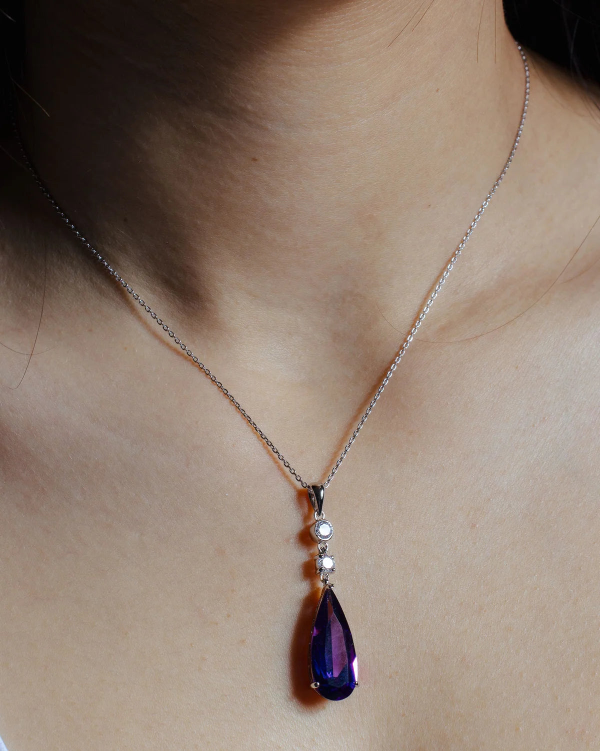 925 Silver Rhodium Plated Teardrop Purple CZ Dangling Necklace