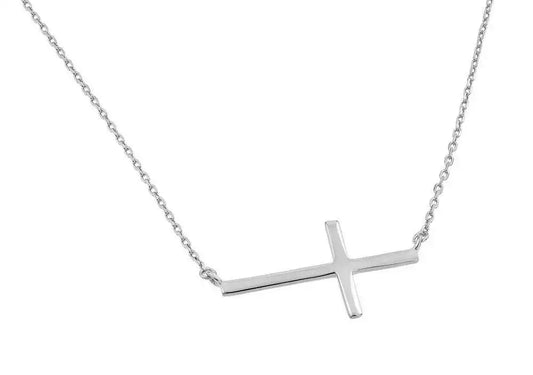 925 Sterling Silver Rhodium Plated Plain Sideways Solid Cross Pendant Necklace