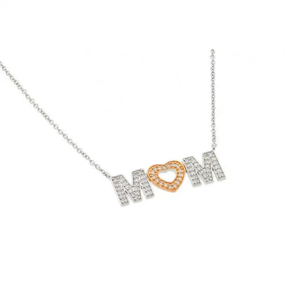 925 Sterling Silver Rhodium and Gold Plated Clear CZ MOM with Heart Pendant Necklace