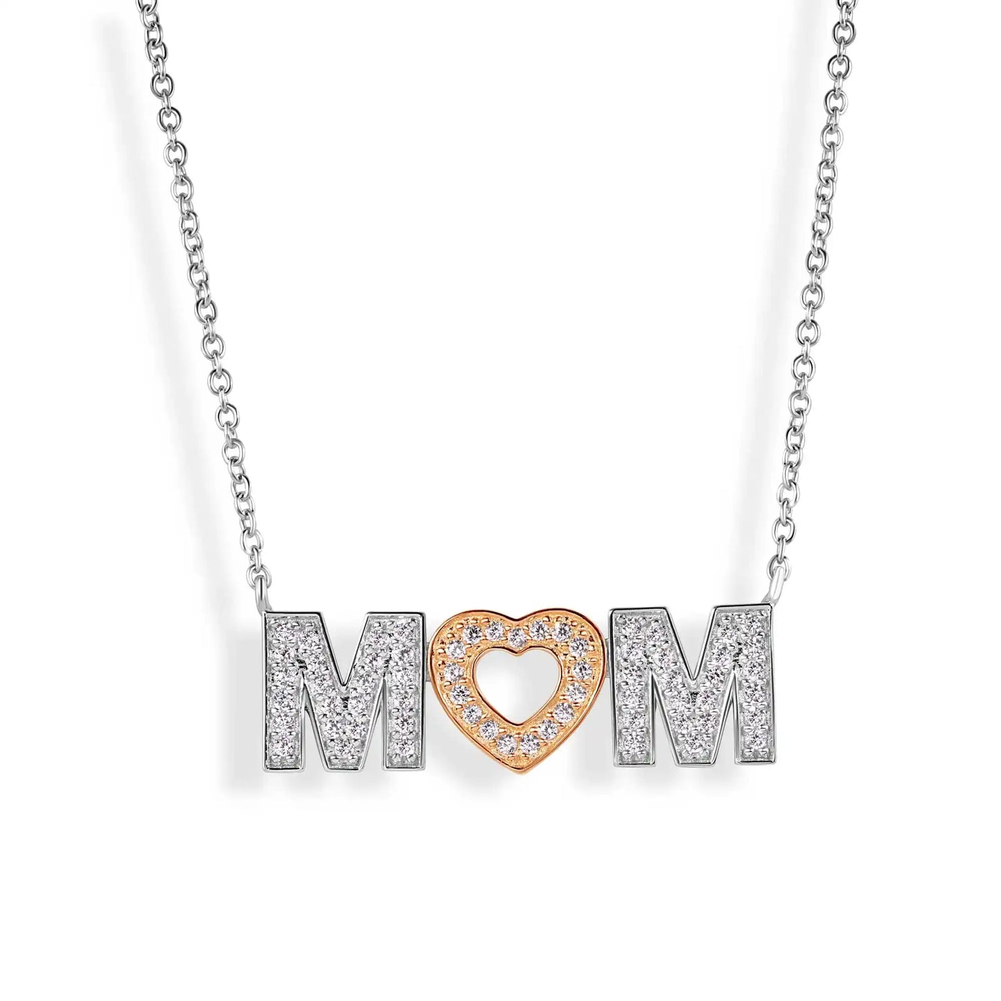 925 Sterling Silver Rhodium and Gold Plated Clear CZ MOM with Heart Pendant Necklace