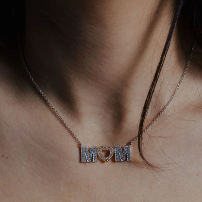 925 Sterling Silver Rhodium and Gold Plated Clear CZ MOM with Heart Pendant Necklace