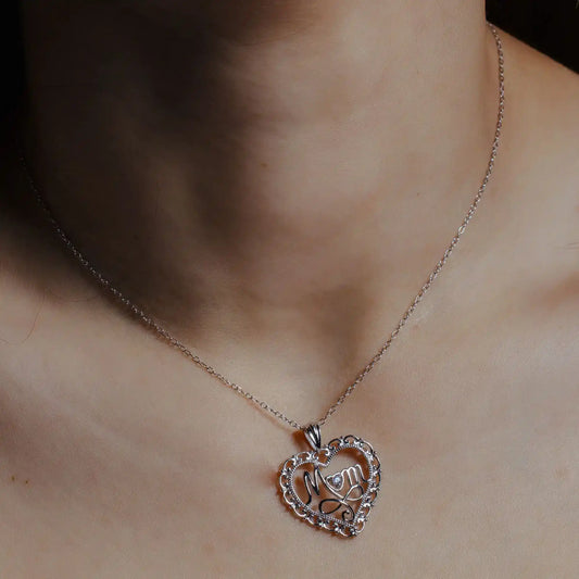 925 Sterling Silver Rhodium Plated Clear CZ at Center Open Heart Mom Pendant Necklace