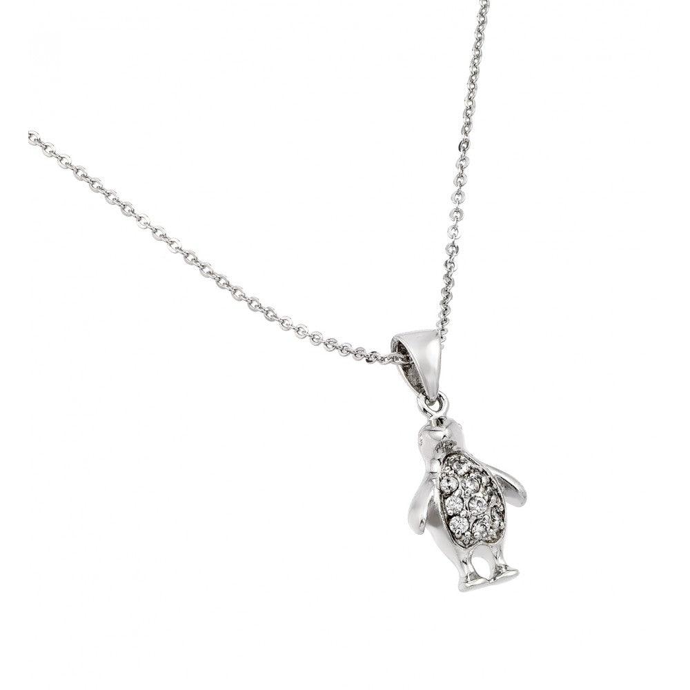 925 Silver Clearance-Clear CZ Rhodium Plated Penguin Necklace