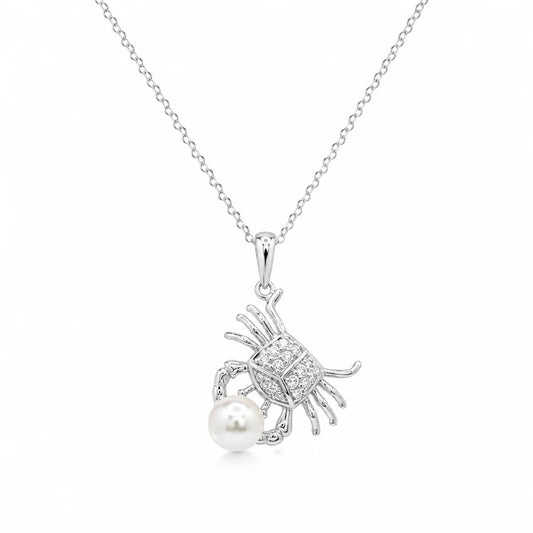 925 Sterling Silver Rhodium Plated CZ & Pear Crab Pendant Necklace