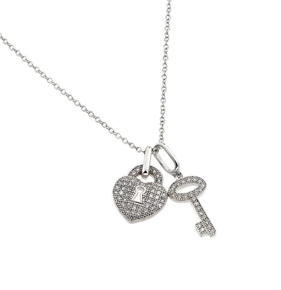 925 Silver Rhodium Plated Clear CZ Lock and Key Pendant Necklace