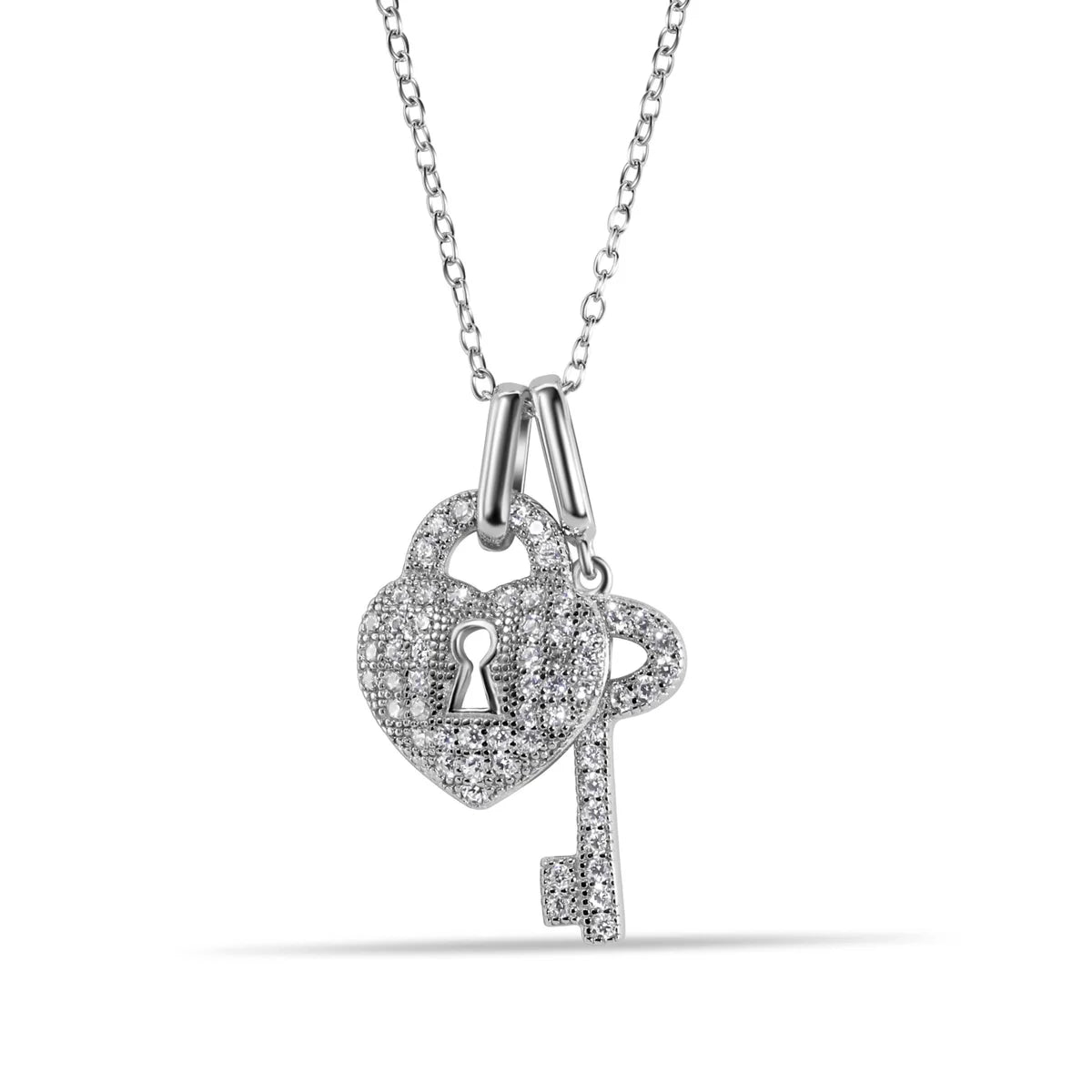 925 Silver Rhodium Plated Clear CZ Lock and Key Pendant Necklace