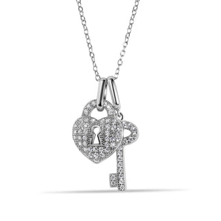 925 Silver Rhodium Plated Clear CZ Lock and Key Pendant Necklace