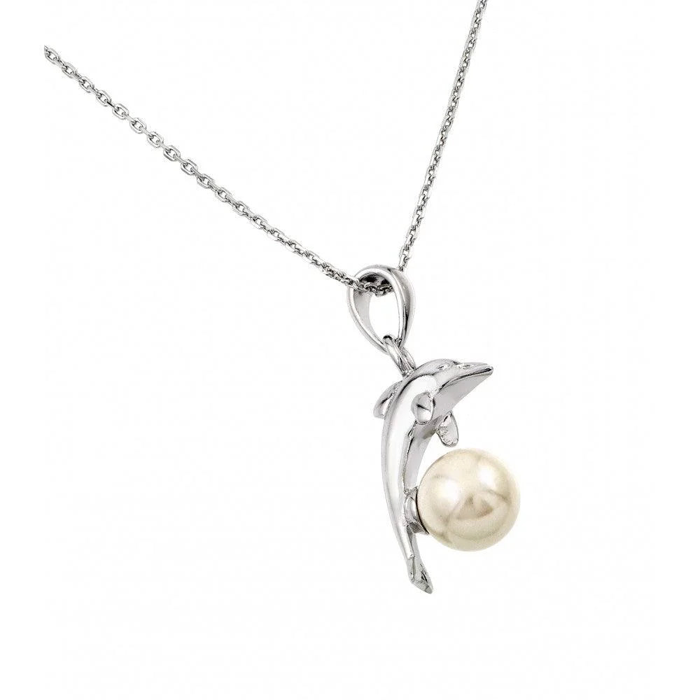 925 Silver Rhodium Plated Dolphin Leaping Over Pearl Pendant Necklace