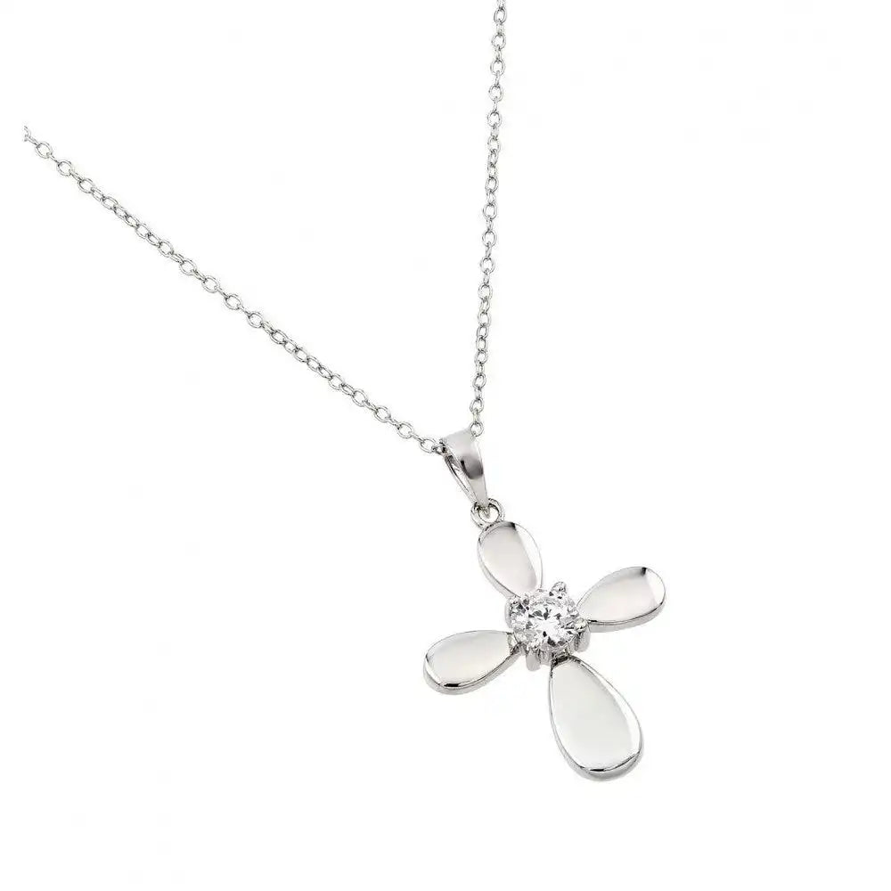 925 Sterling Silver Rhodium Plated Solid Cross Clear CZ Center Pendant Necklace
