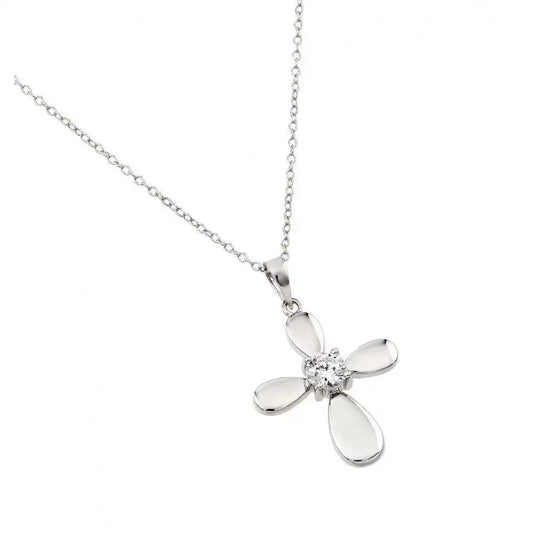 925 Sterling Silver Rhodium Plated Solid Cross Clear CZ Center Pendant Necklace
