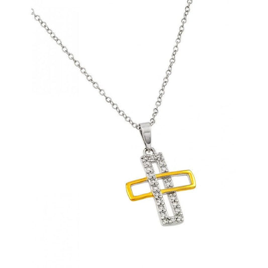 925 Silver Rhodium and Gold Plated Interlaced Rectangle Cross Pendant Necklace