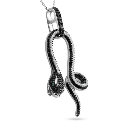 925 Sterling Silver Rhodium Plated Snake Black and Clear CZ Stone Pendant Necklace