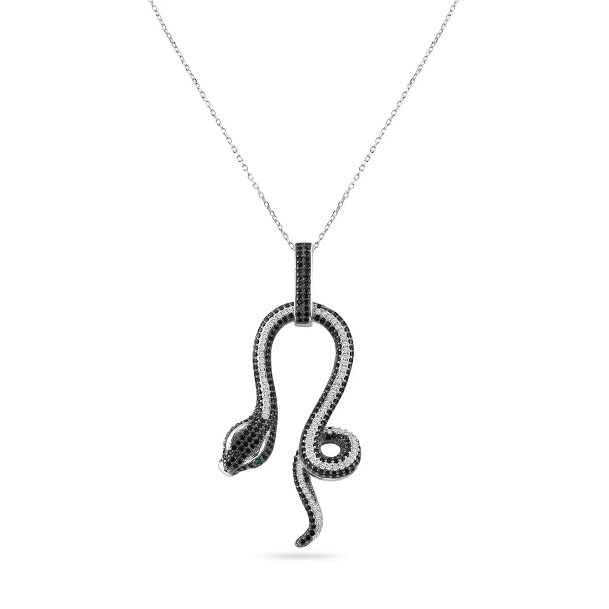 925 Sterling Silver Rhodium Plated Snake Black and Clear CZ Stone Pendant Necklace