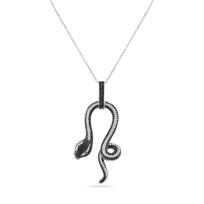 925 Sterling Silver Rhodium Plated Snake Black and Clear CZ Stone Pendant Necklace