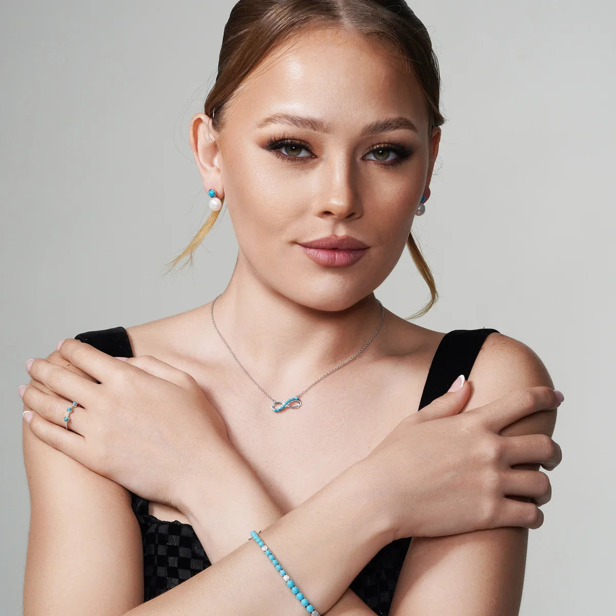 925 Sterling Silver Rhodium Plated Pearl and Turquoise CZ Earring