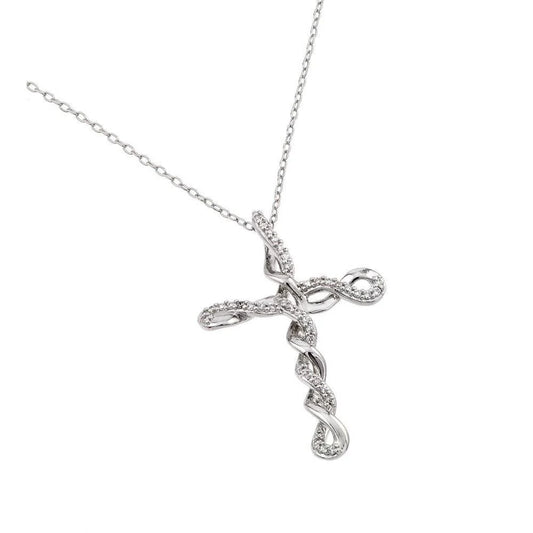 925 Silver Rhodium Plated Clear CZ Tied Cross Pendant Necklace