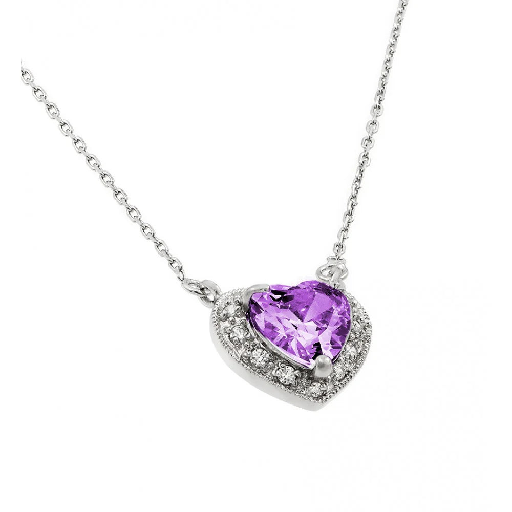 925 Sterling Silver Rhodium Plated CZ Heart Birthstone Necklace