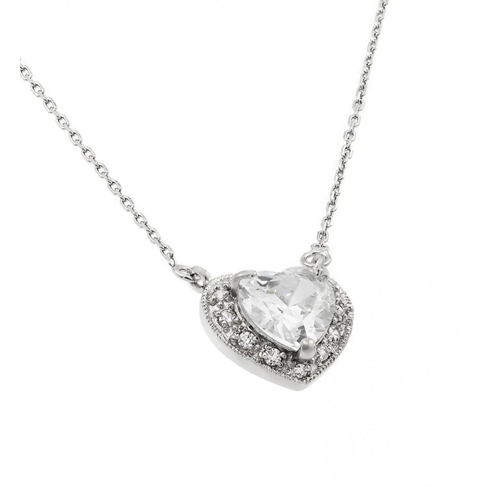 925 Sterling Silver Rhodium Plated CZ Heart Birthstone Necklace