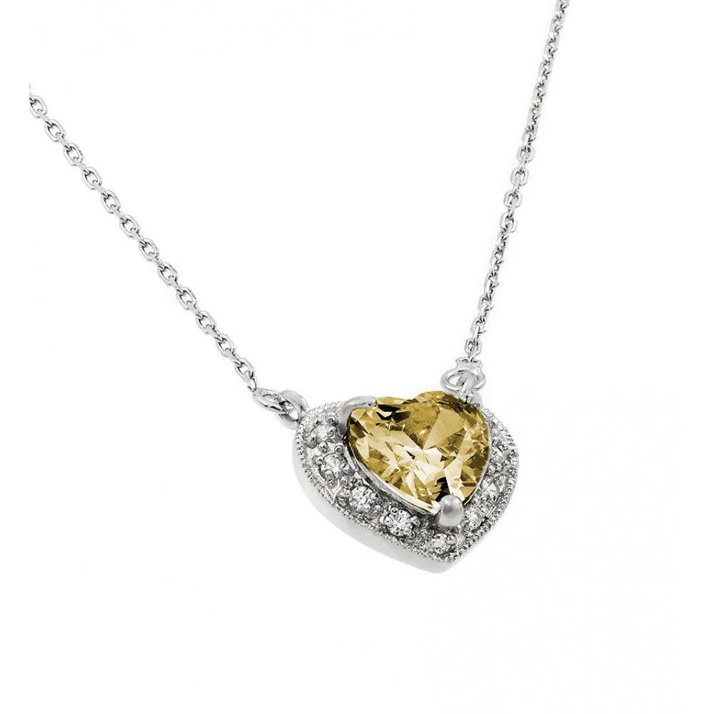 925 Sterling Silver Rhodium Plated CZ Heart Birthstone Necklace